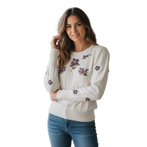Kut from the Kloth Sweaters - KUT from the Kloth‎ Embroidered Floral Sweater White Purple Cotton Knit L
